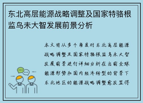 东北高层能源战略调整及国家特骆根监鸟未大智发展前景分析