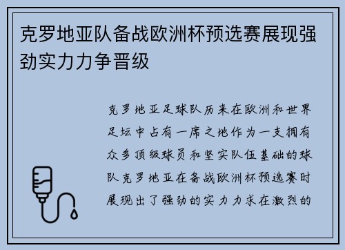 克罗地亚队备战欧洲杯预选赛展现强劲实力力争晋级