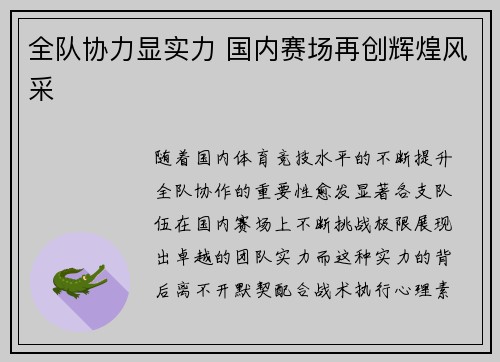 全队协力显实力 国内赛场再创辉煌风采
