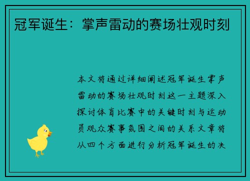 冠军诞生：掌声雷动的赛场壮观时刻