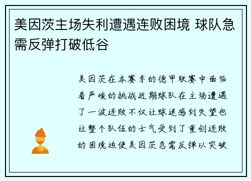 美因茨主场失利遭遇连败困境 球队急需反弹打破低谷