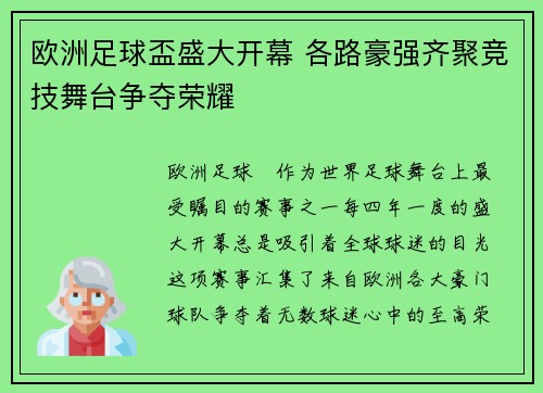 欧洲足球盃盛大开幕 各路豪强齐聚竞技舞台争夺荣耀